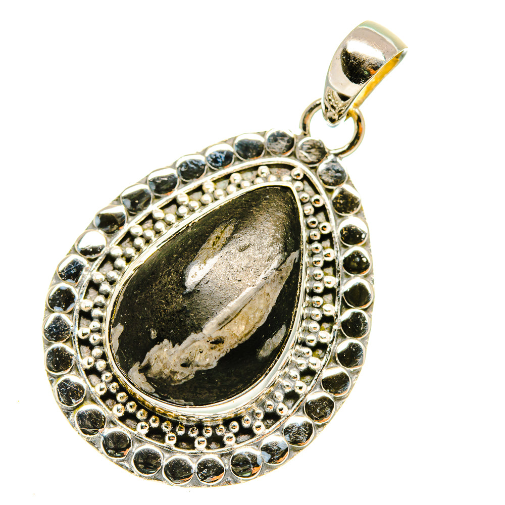 Sterling silver oval pendant with dark pinolith stone and textured bead ring border