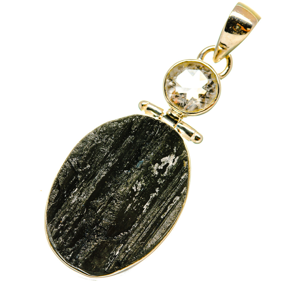 Rough black tourmaline and white quartz pendant, gold-tone 925 sterling silver bail
