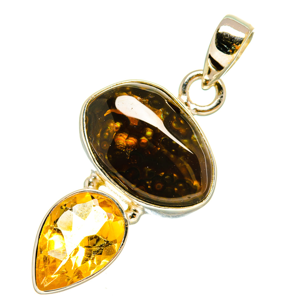 Fire agate and citrine pendant, oval dark stone with yellow teardrop, 925 sterling silver