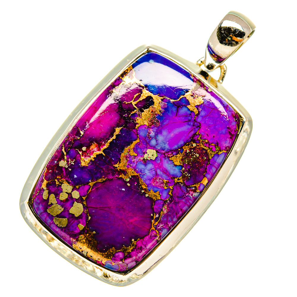 Purple turquoise pendant with gold flecks, rectangular cabochon in silver bezel with bail