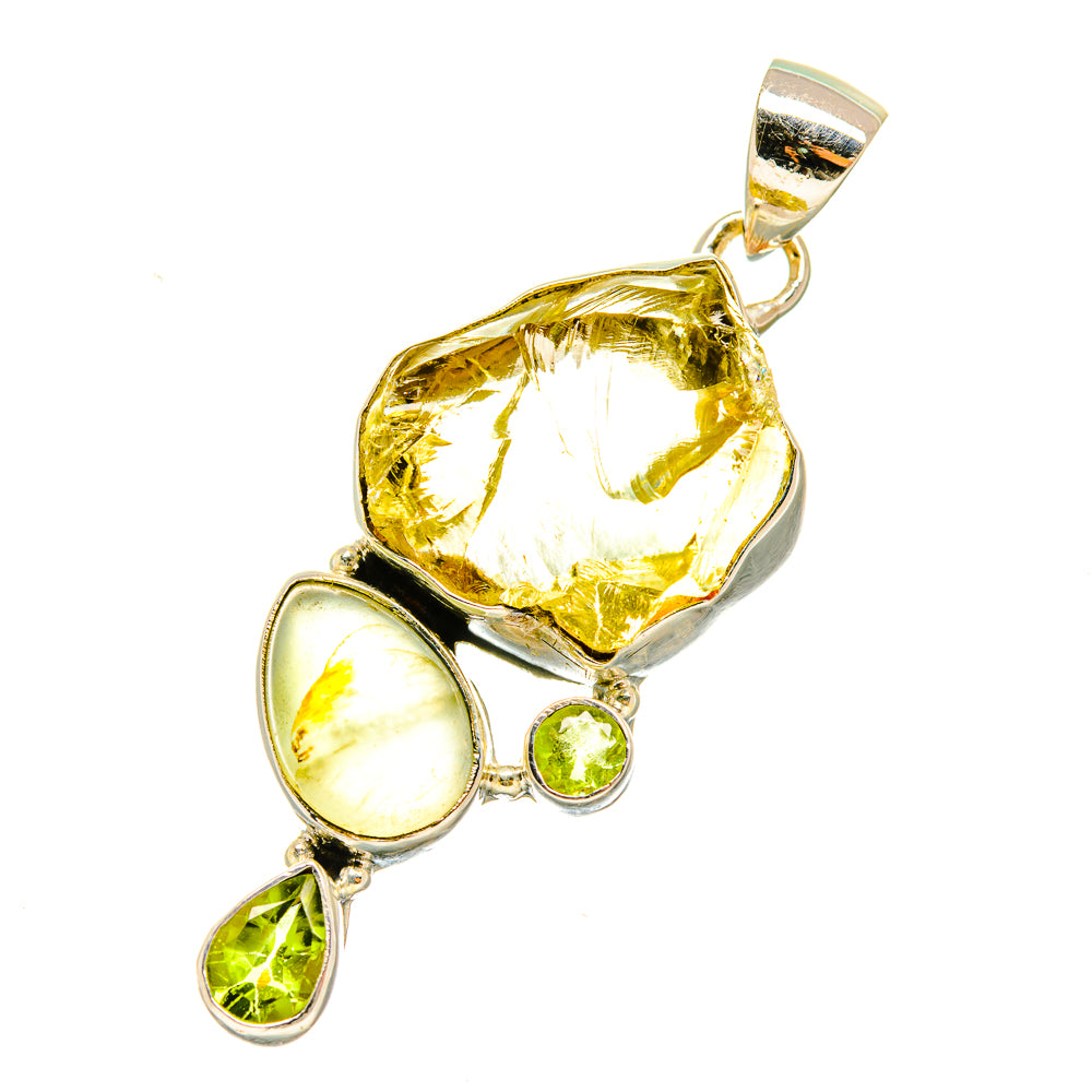 Sterling silver pendant with rough yellow citrine center and green peridot with pale prehnite