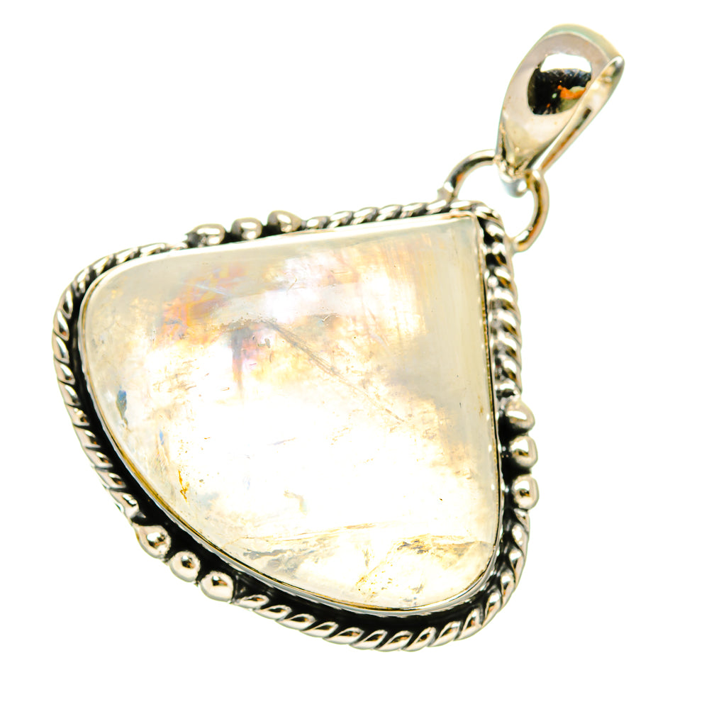 Rainbow moonstone pendant in 925 sterling silver with teardrop stone and textured edge