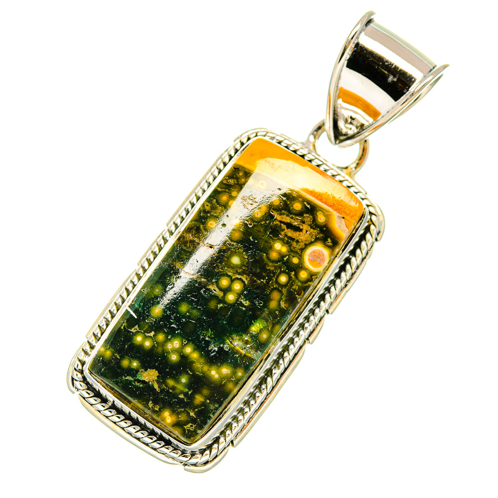 925 sterling silver Ocean Jasper rectangular pendant with rope border and top bail
