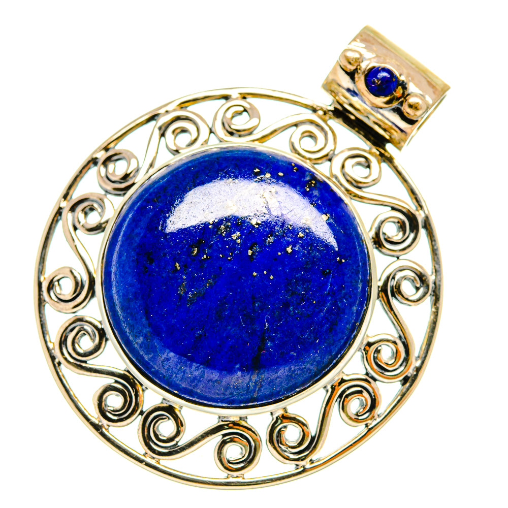 Round lapis lazuli pendant with filigree 925 sterling silver bezel and gold-toned bail