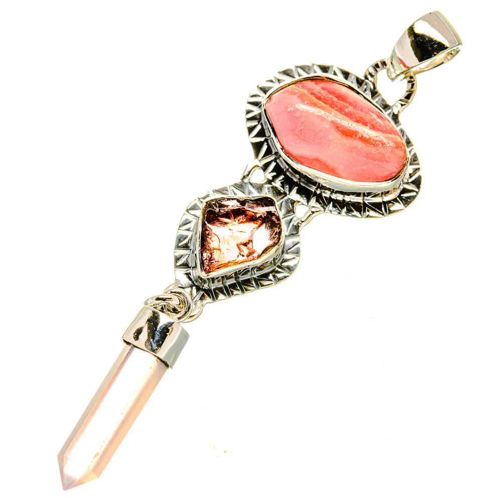 Pendant with pink oval stone, dark red heart stone, silver settings, clear quartz point drop.