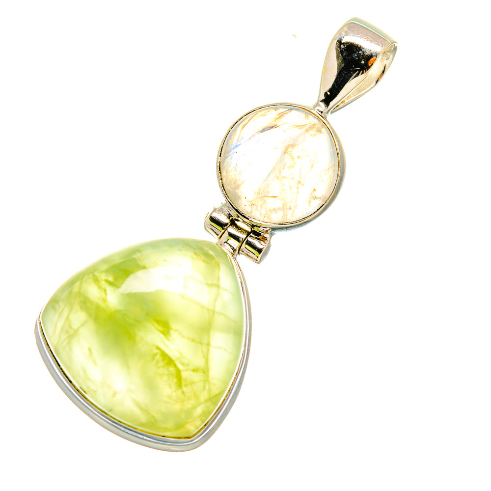 Sterling silver pendant with round iridescent white moonstone and oval light-green prehnite