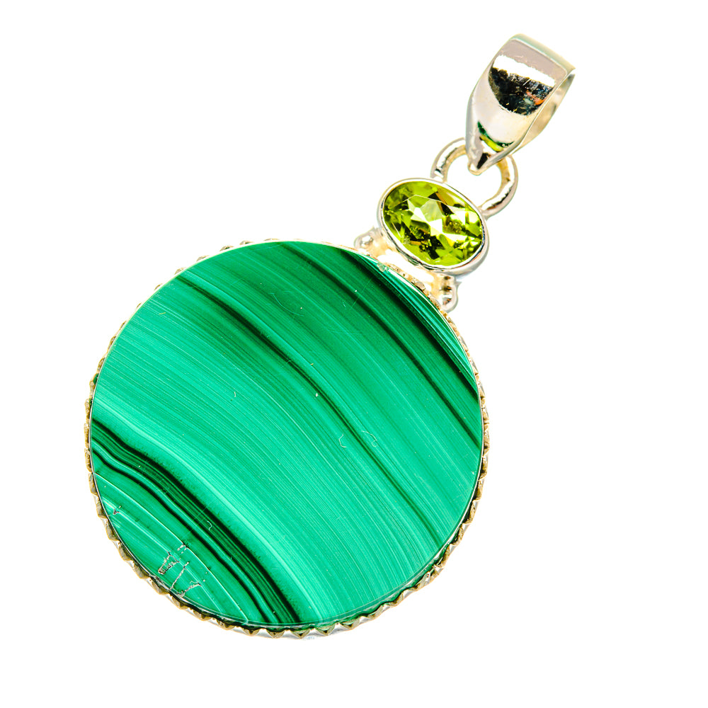 Round malachite pendant with green peridot accent and silver loop bail, sterling silver.