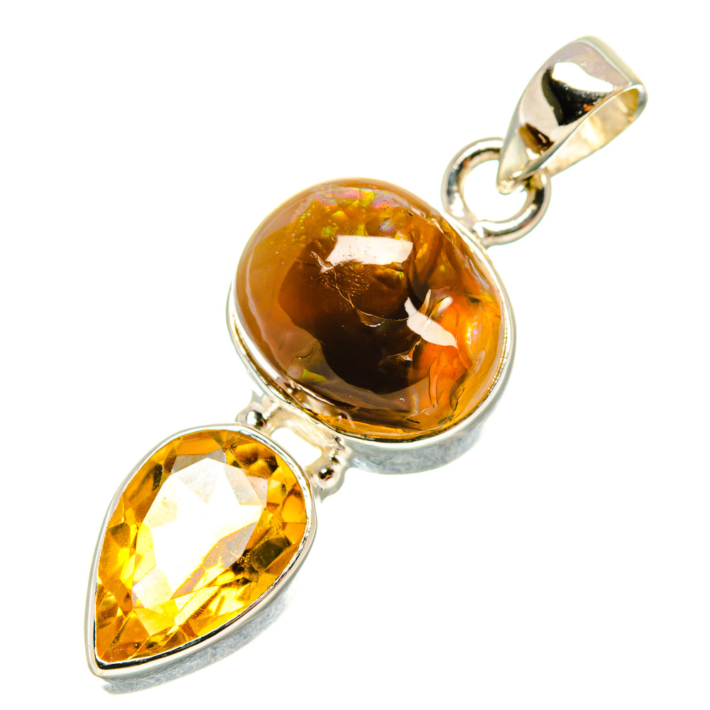 Sterling silver pendant with fire agate round gemstone, citrine teardrop, top loop