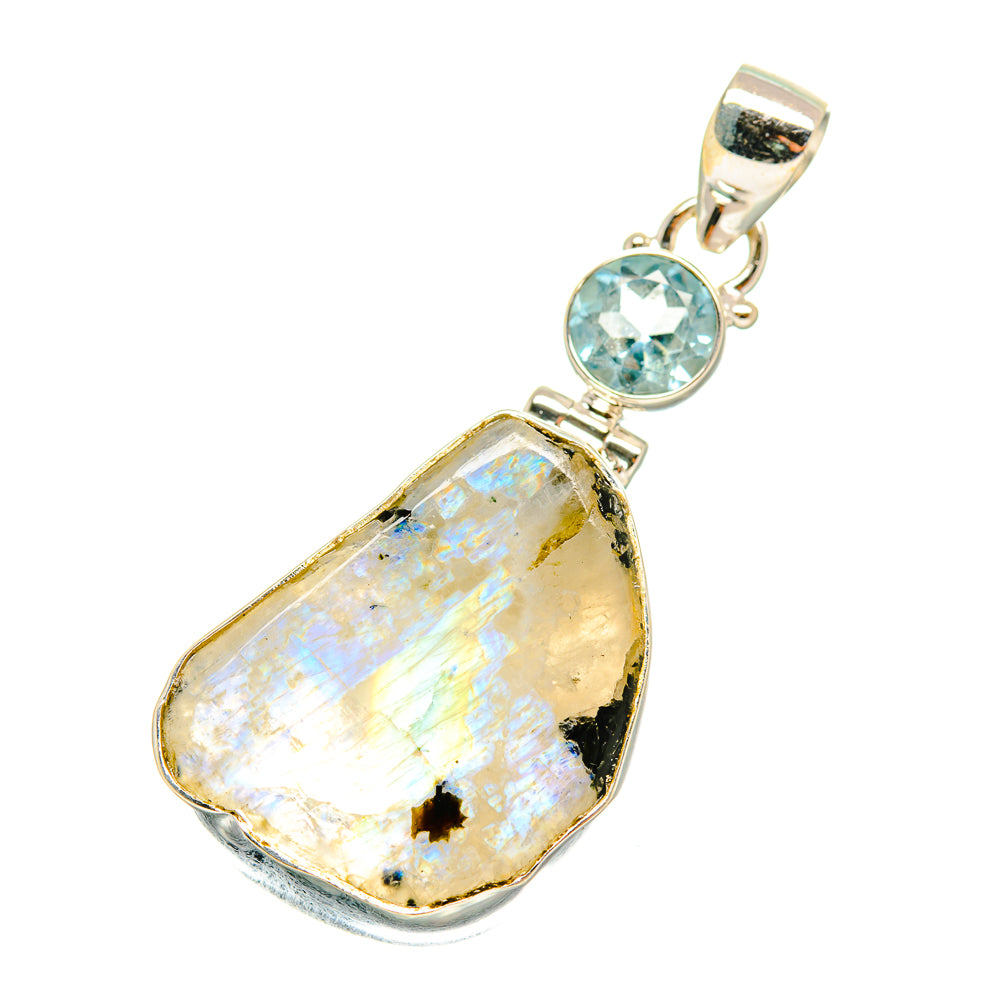 Rough moonstone and blue topaz pendant in 925 sterling silver with teardrop moonstone setting