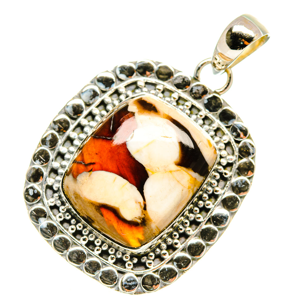 Sterling silver oval jasper pendant with faceted border and black, cream, orange stone