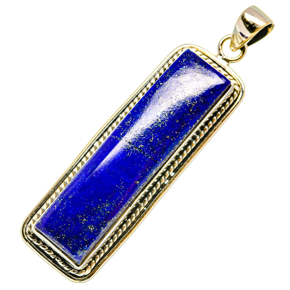 Lapis lazuli rectangle pendant in 925 sterling silver with blue stone, framed bezel.