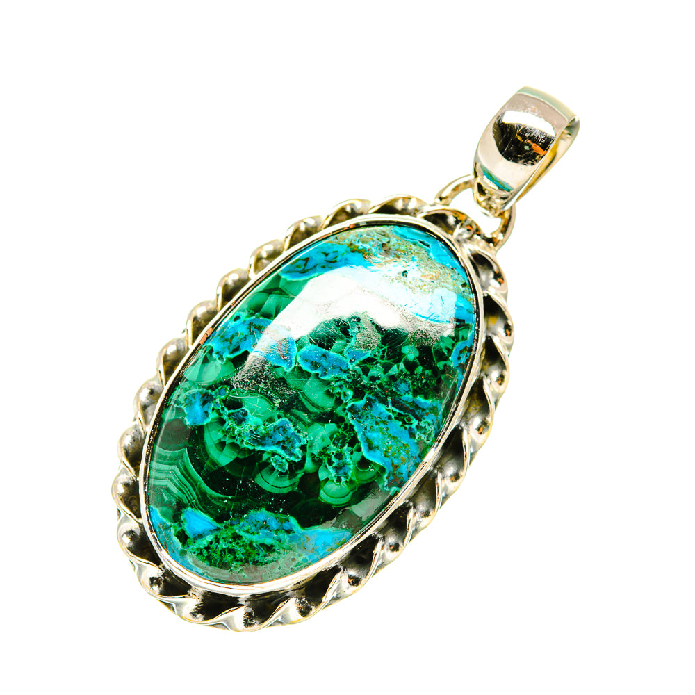 Oval green-blue stone pendant with silver-tone bezel and bail
