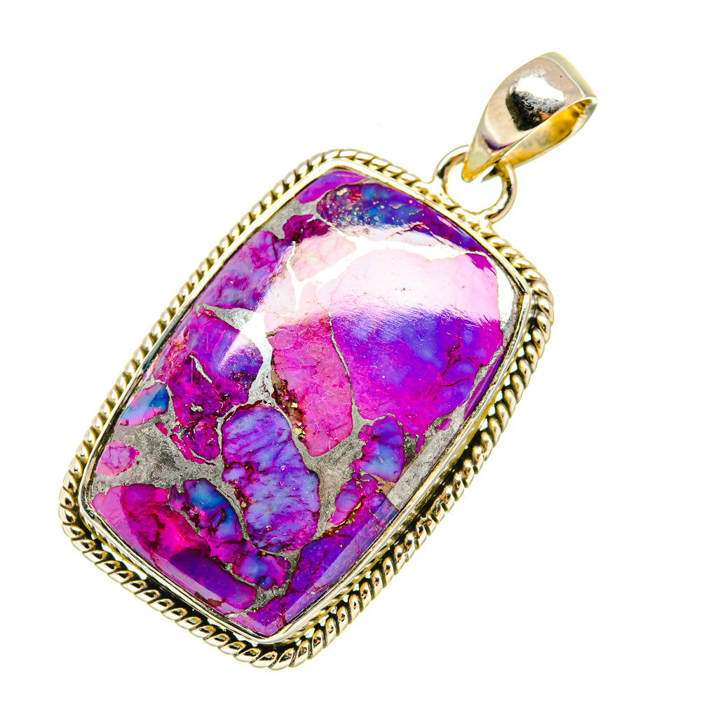 Purple composite turquoise pendant with rounded rectangular silver rope frame and bail.