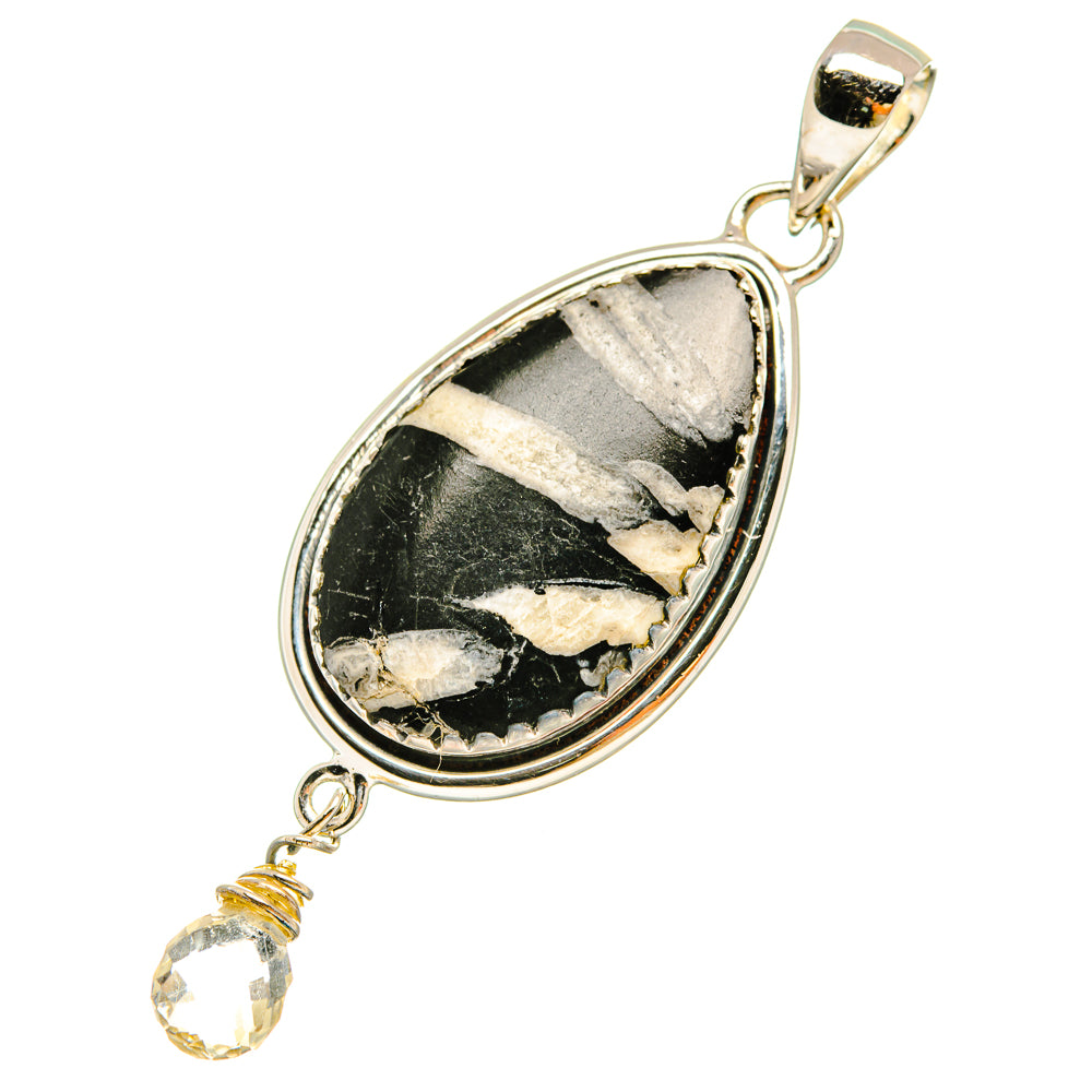 Sterling silver pear-shaped quartz pendant with black-and-white stone and top bail loop
