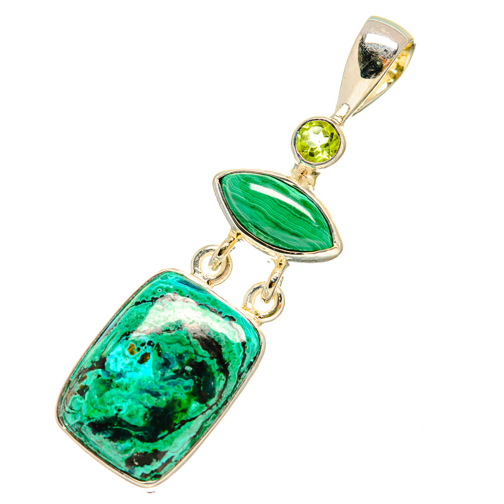 Sterling silver pendant with green malachite stone, marquise chrysocolla, and peridot