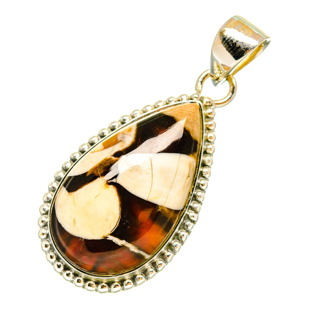 Teardrop gemstone pendant in 925 sterling silver, black and gold jasper with inlaid cream detail