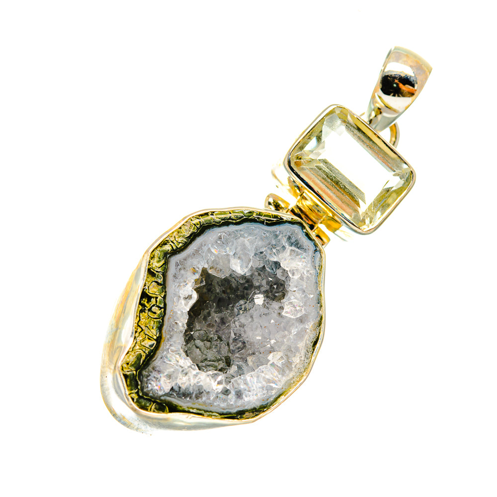 Coconut geode druzy pendant with gray quartz crystal in polished gold-tone frame