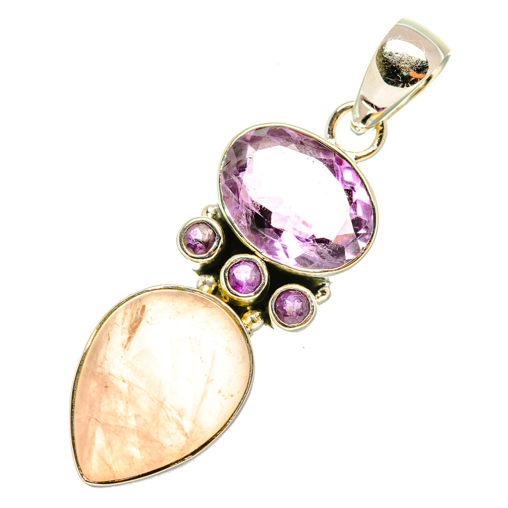 Rose quartz and amethyst pendant showing oval rose stone, oval amethyst, round amethyst accents