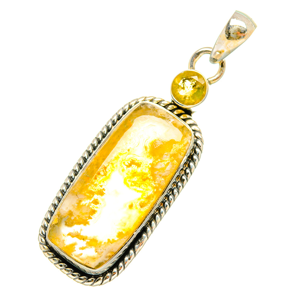 Rectangular citrine agate pendant with beaded silver frame and small round citrine bail