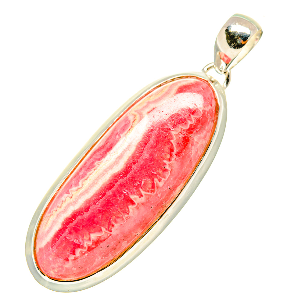 Oval pink rhodochrosite cabochon pendant with sterling silver bezel and loop bail