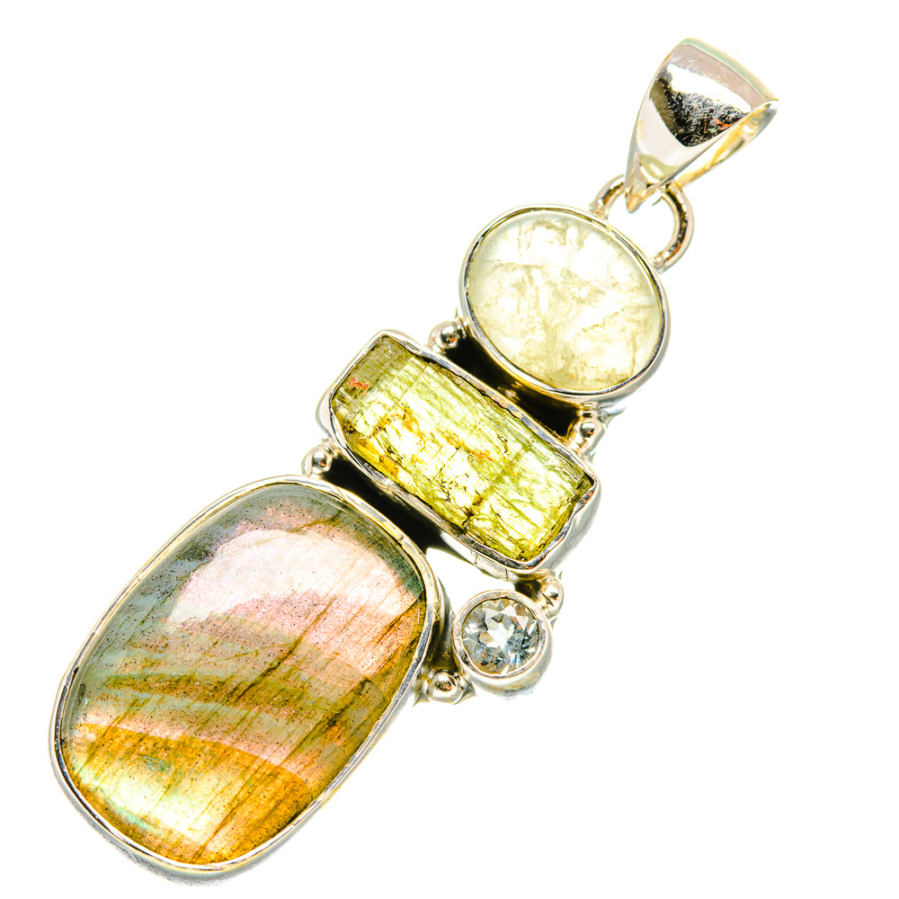 Sterling silver gemstone pendant with labradorite, green prehnite, and round blue topaz accent