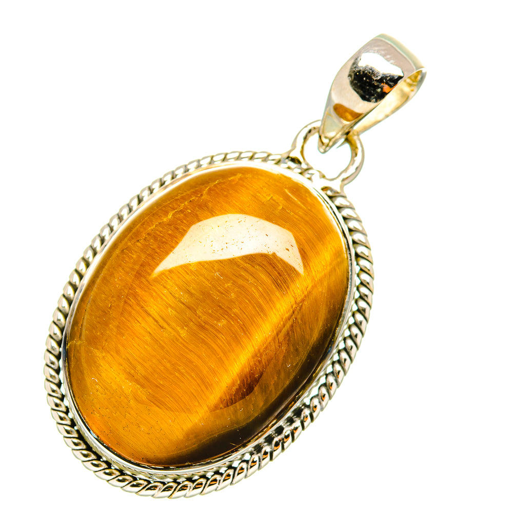 Oval tiger eye pendant in 925 sterling silver bezel, gold-brown reflective stone