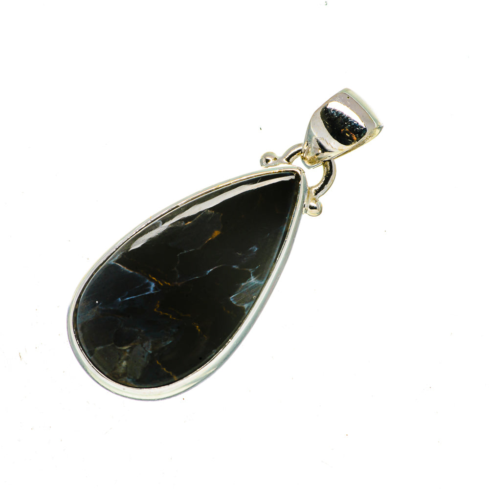 Sterling silver teardrop pietersite pendant with black stone and polished metal bail