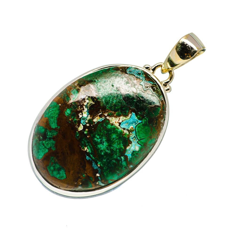 Oval chrysocolla pendant with green and turquoise stone set in a silver bezel