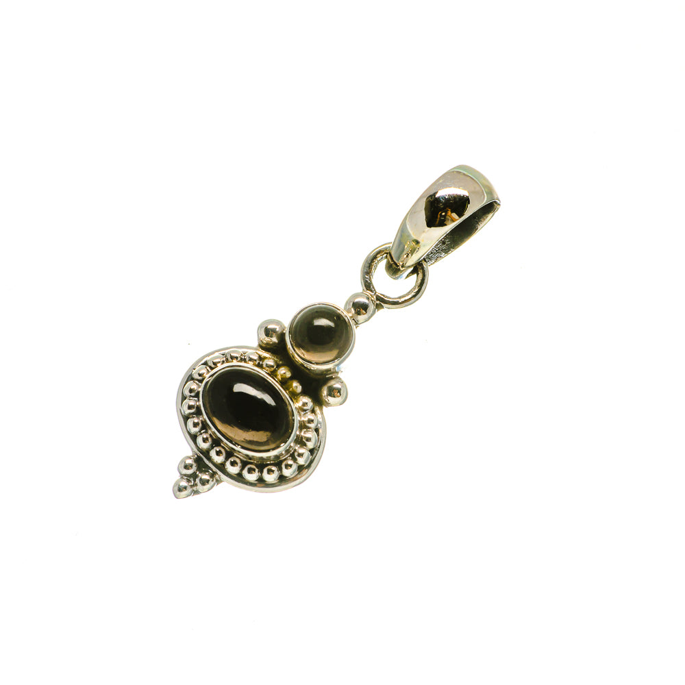 Smoky quartz pendant in sterling silver, dark round center with beaded halo and oval loop