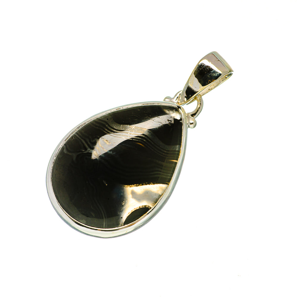 Sterling silver teardrop pendant with black psilomelane stone bezel and loop bail