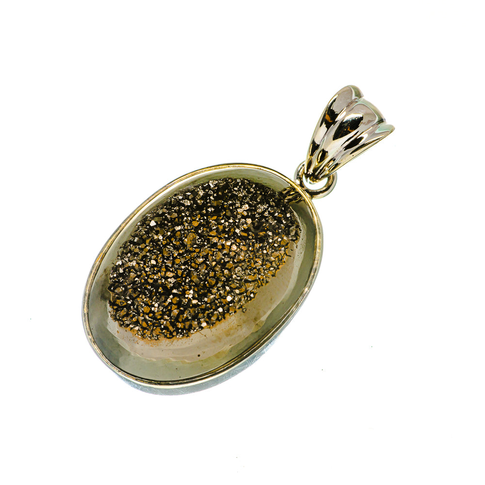 Oval druzy pendant with gold-speckled stone and sterling silver bail