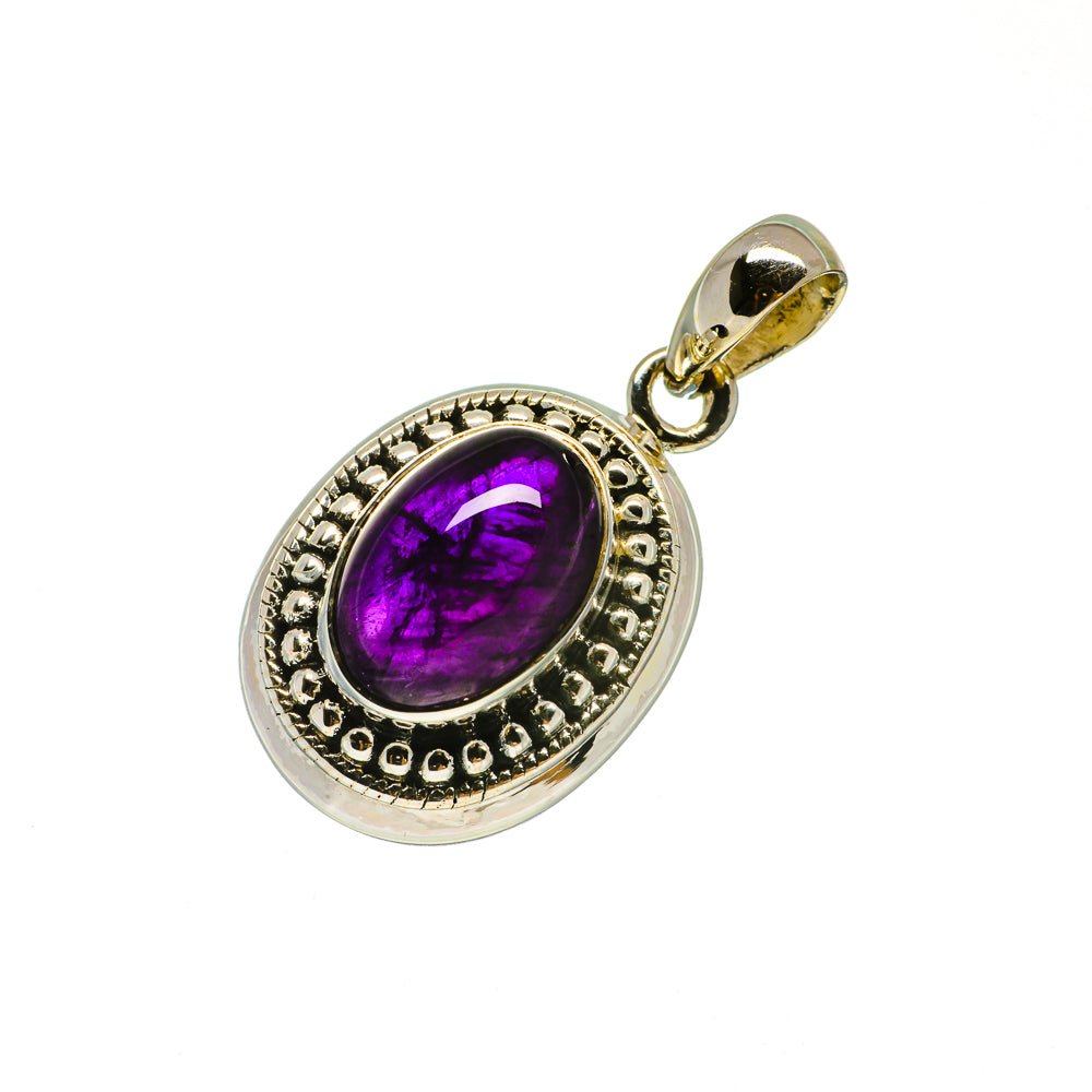 Oval amethyst pendant with 925 sterling silver frame, purple stone and gold bail