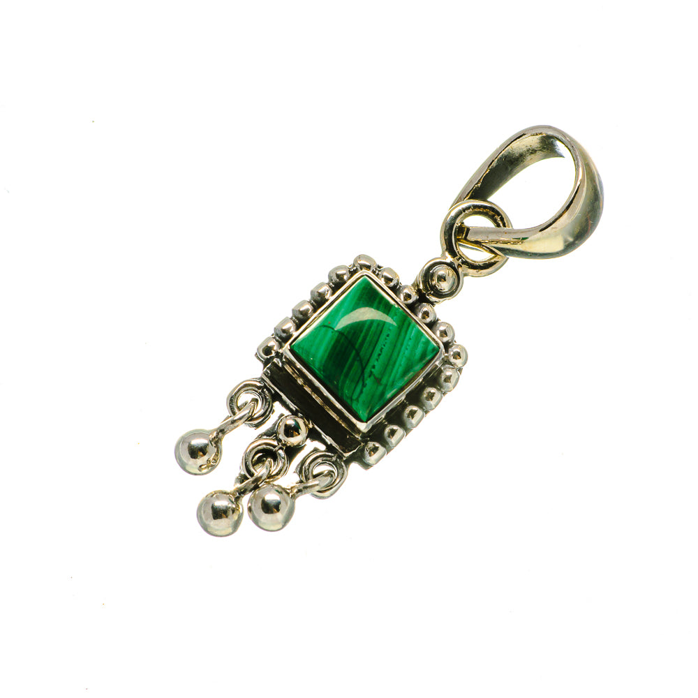 Square green malachite pendant charm in 925 sterling silver with hanging loop and bead detail.