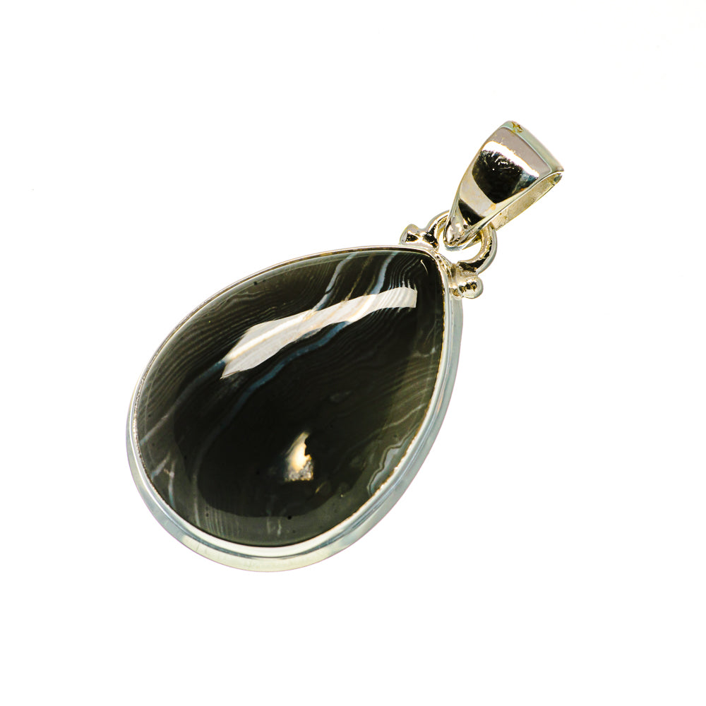 925 silver psilomelane pendant close-up, teardrop black stone with silver setting