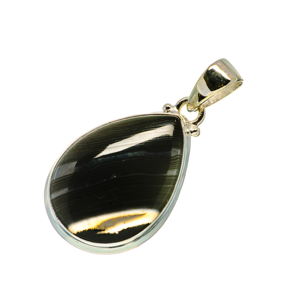 Teardrop psilomelane pendant in 925 sterling silver bezel with bail