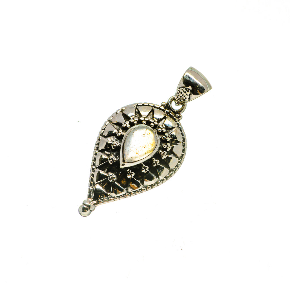 Sterling silver moonstone pendant with pear cabochon and ornate halo, teardrop frame