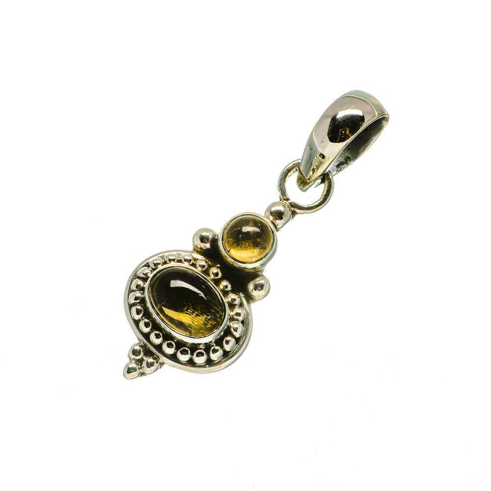 Citrine gemstone pendant in 925 sterling silver, round bezel with textured border and bail
