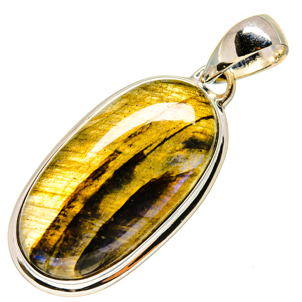 Oval labradorite pendant, polished 925 sterling silver bail, yellow-gold shimmer