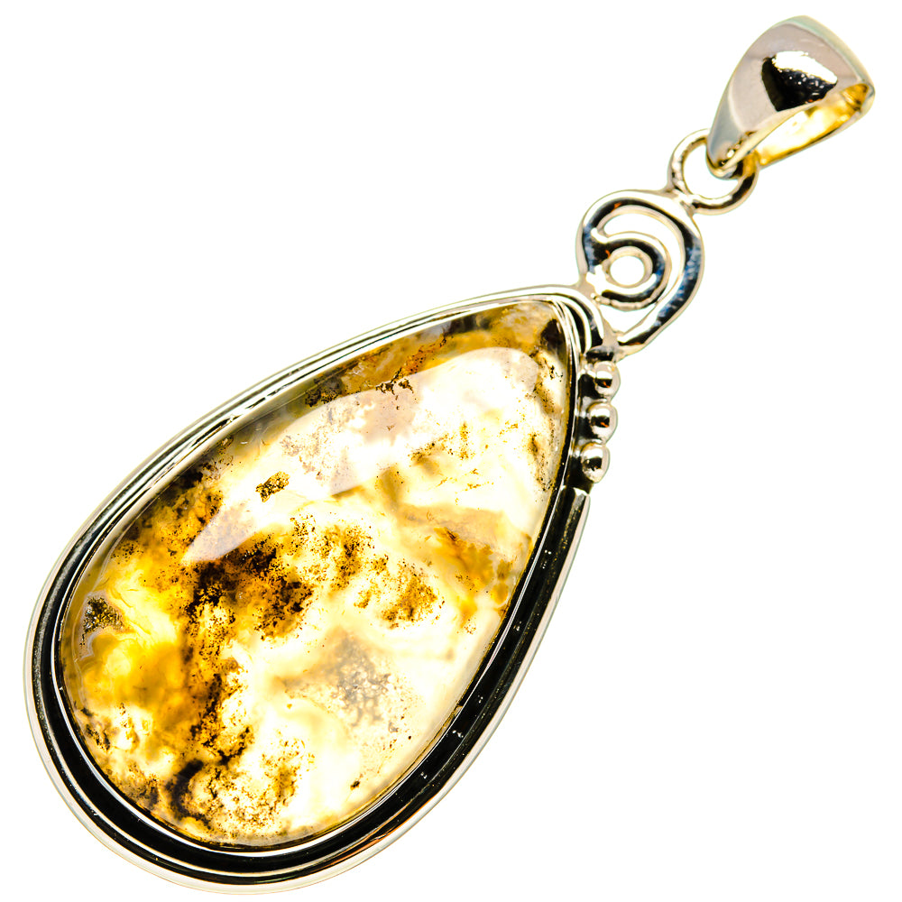 Agate pendant with teardrop cabochon, silver bezel and loop bail, amber and dark bands
