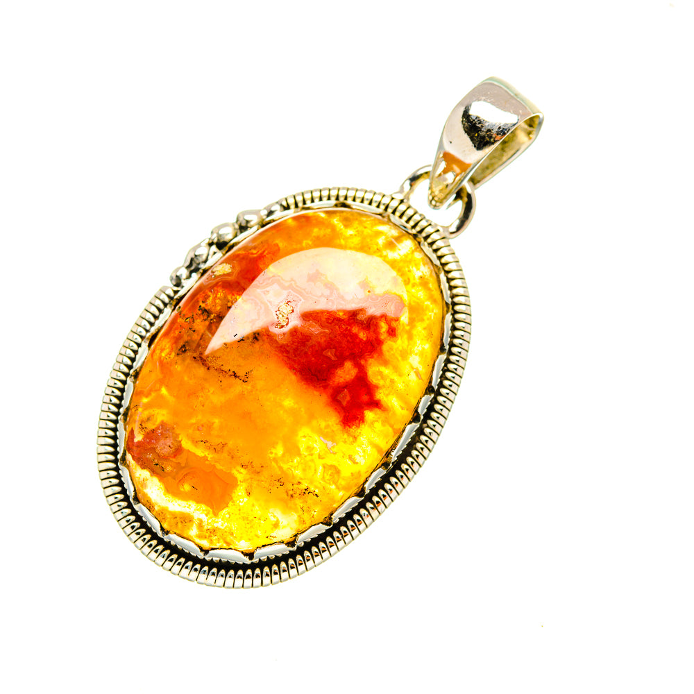 Oval orange-yellow agate pendant with silver rope border and gold-tone bail