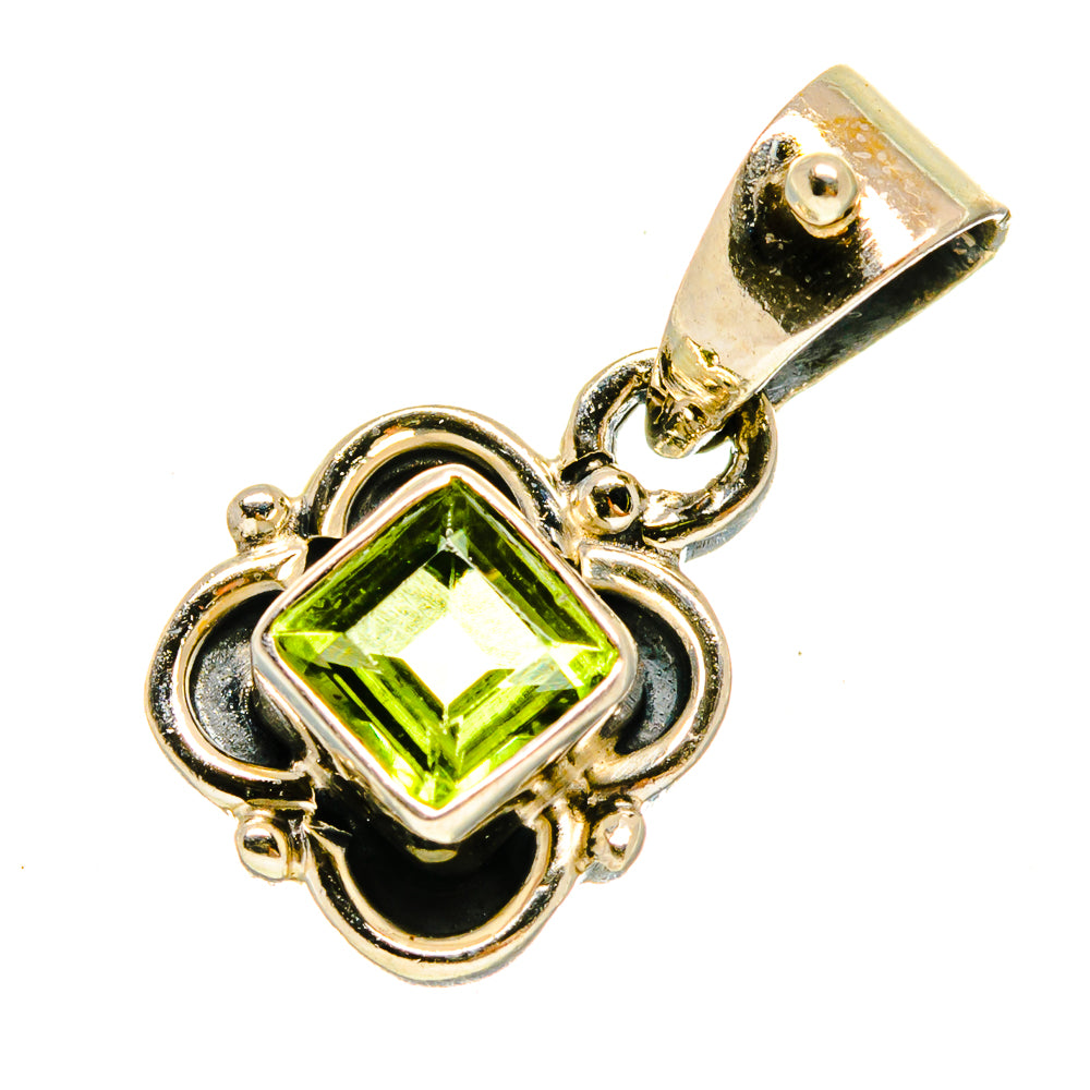 Square green peridot pendant in ornate 925 sterling silver setting with bail