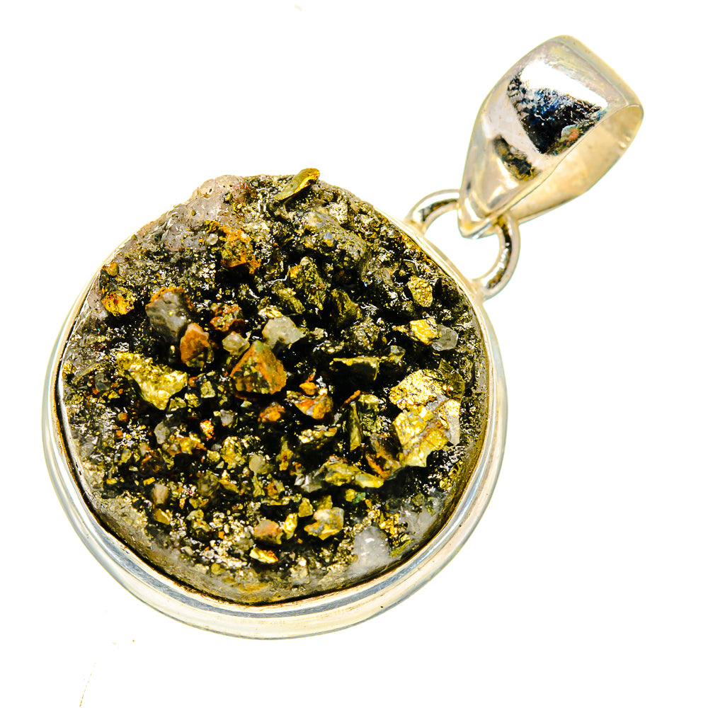 Sterling silver drusy pyrite pendant, round bezel with bright yellow-gold speckled druse