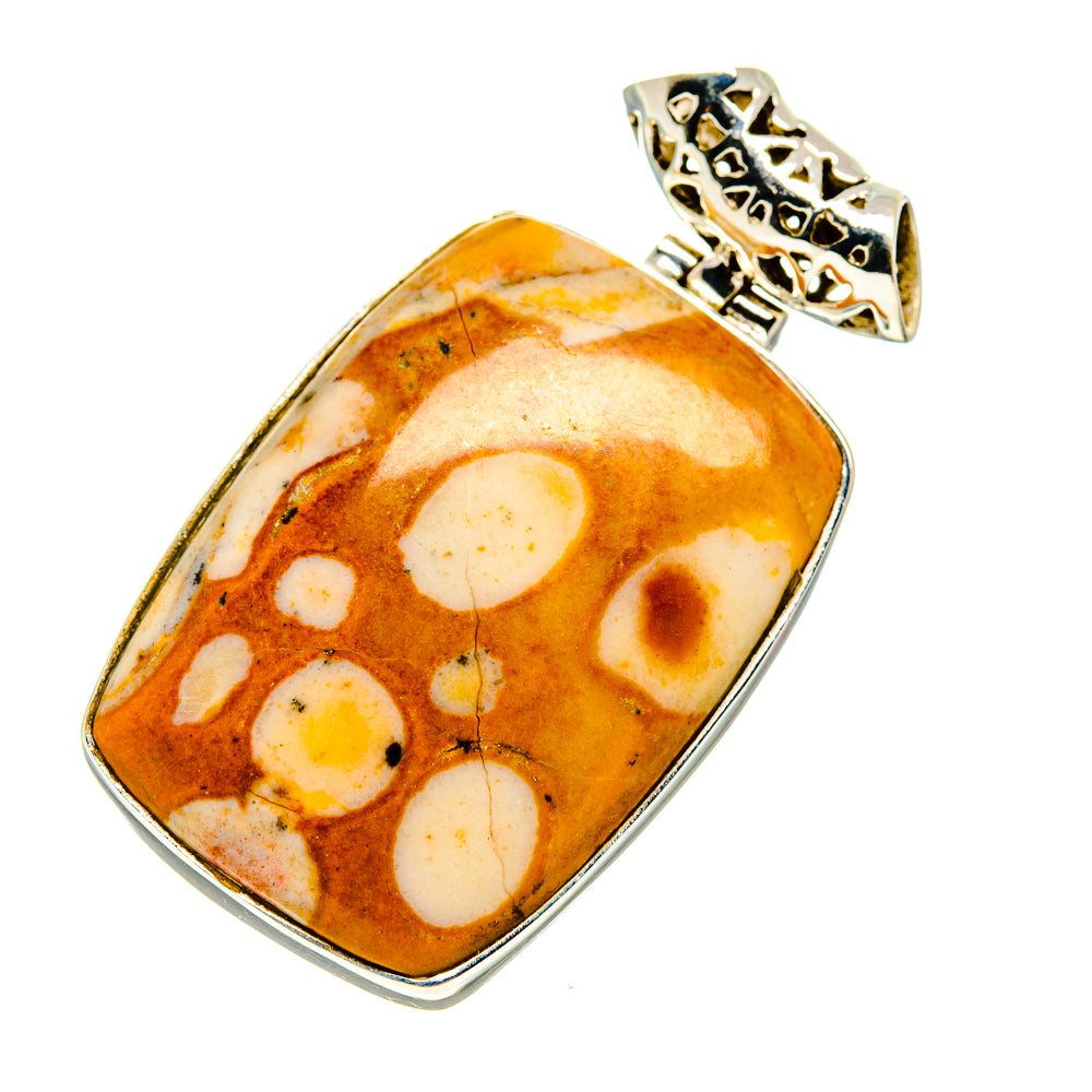 Rectangular amber jasper pendant with cream dots in sterling silver frame, openwork bail