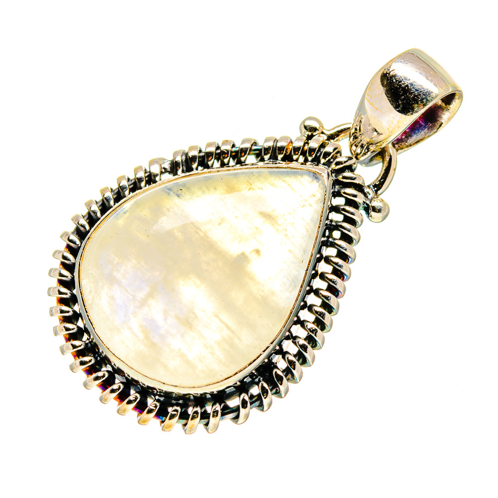 Pear-shaped moonstone pendant with bright iridescent stone and silver prong frame