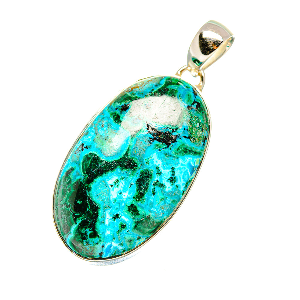 Oval turquoise-green chrysocolla and malachite pendant in silver bezel with bail