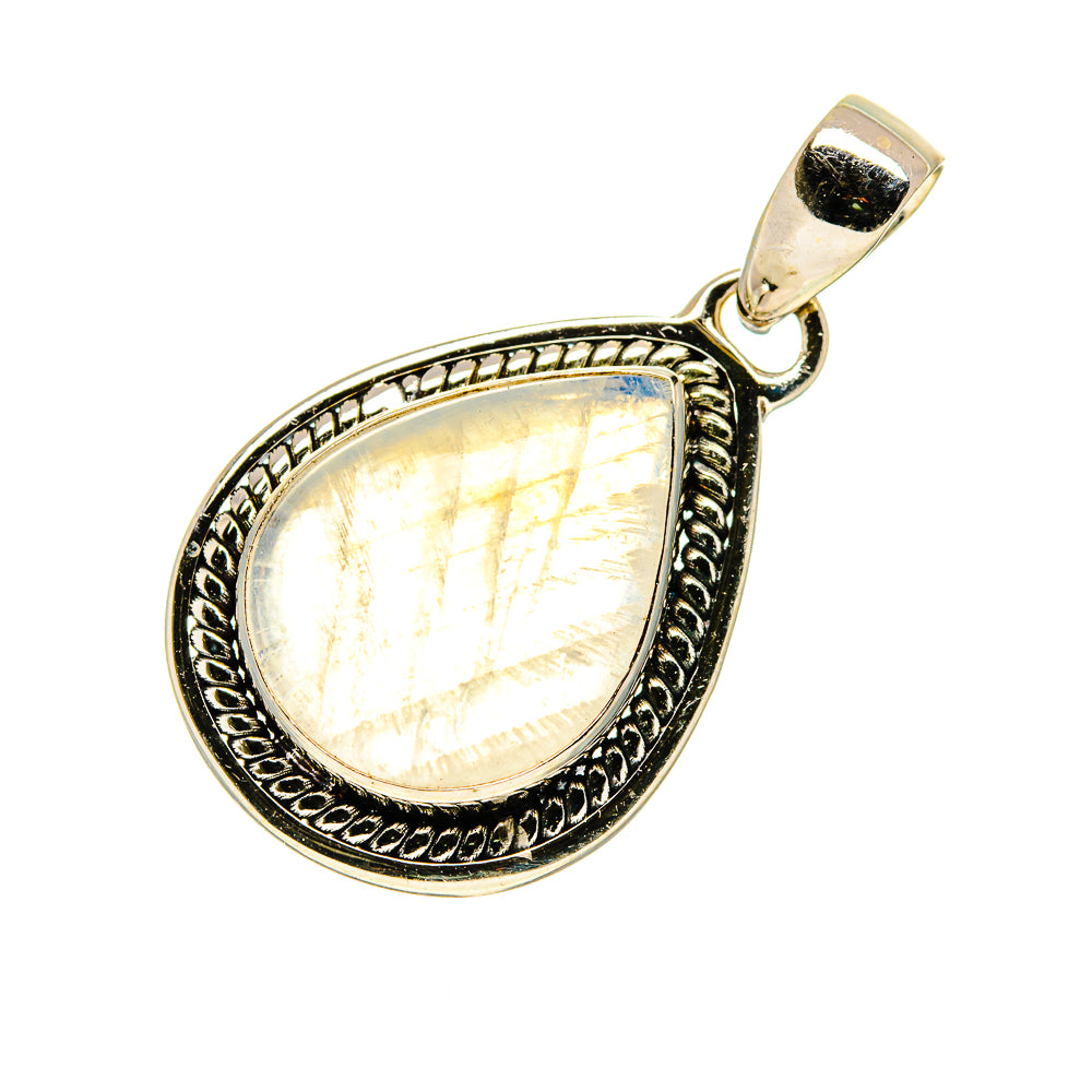 Teardrop moonstone pendant in gold-tone bezel with bail, iridescent white center