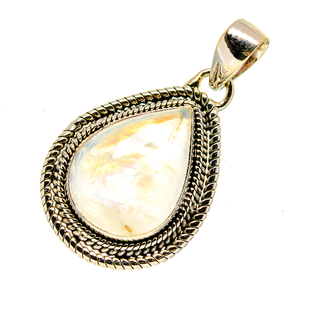 Teardrop moonstone pendant with braided rope frame and gold-tone bail, sterling silver
