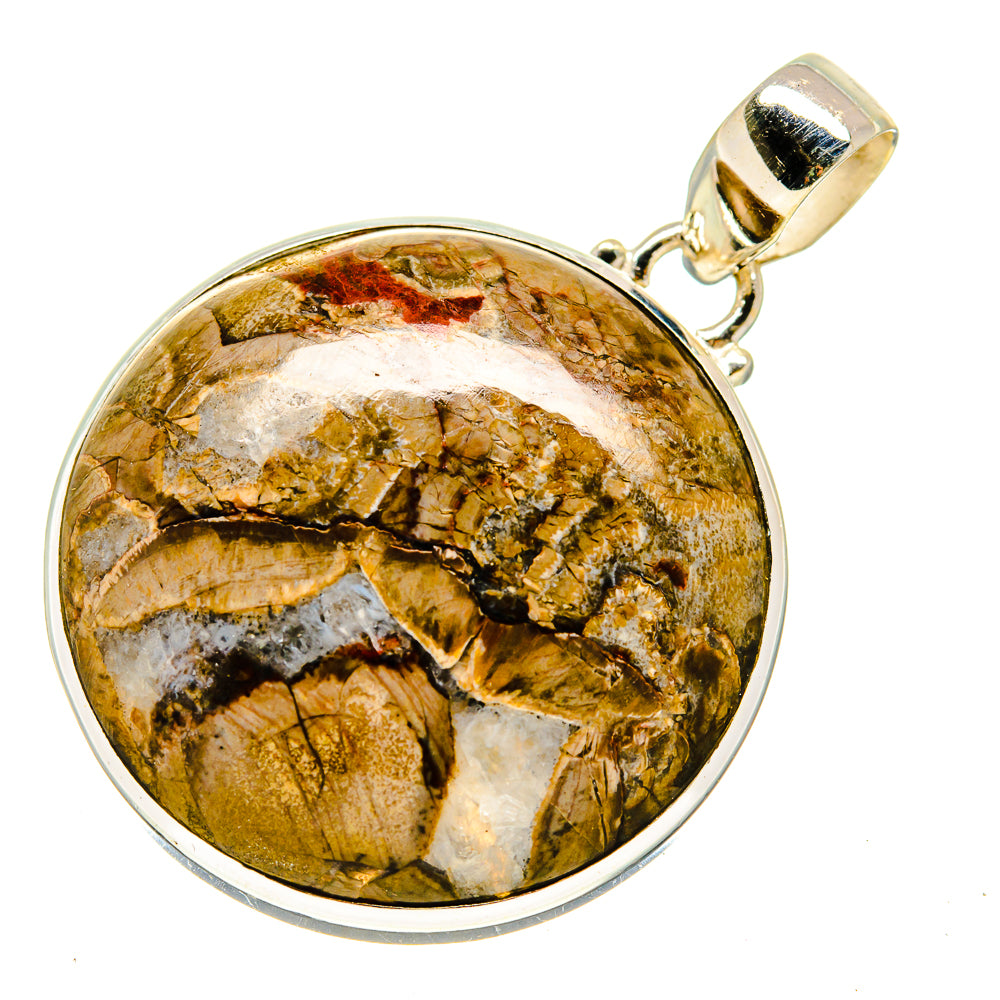 Round mushroom rhyolite pendant with silver bezel and bail, gold-brown and white stone