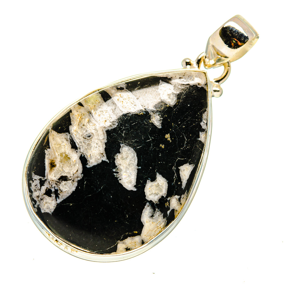 Teardrop writing stone pendant with black-and-white marbled cabochon, 925 silver bail