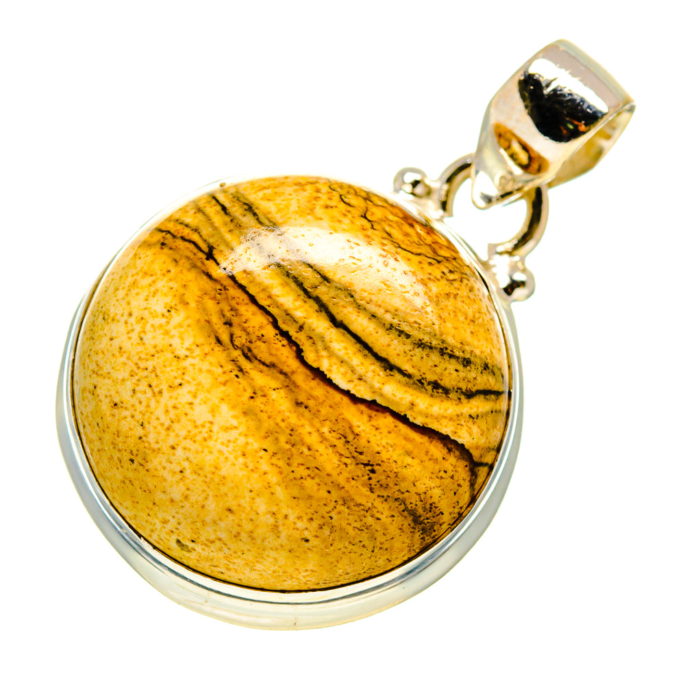 Round amber stone pendant with black stripes in sterling silver bezel and bail